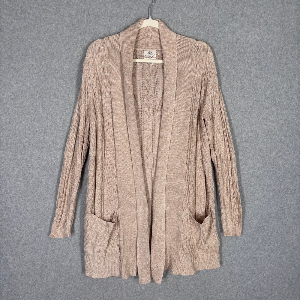 St. Johns Bay Cardigan Sweater Medium Tan Cotton Oatmeal Heritage Neutral Argyle